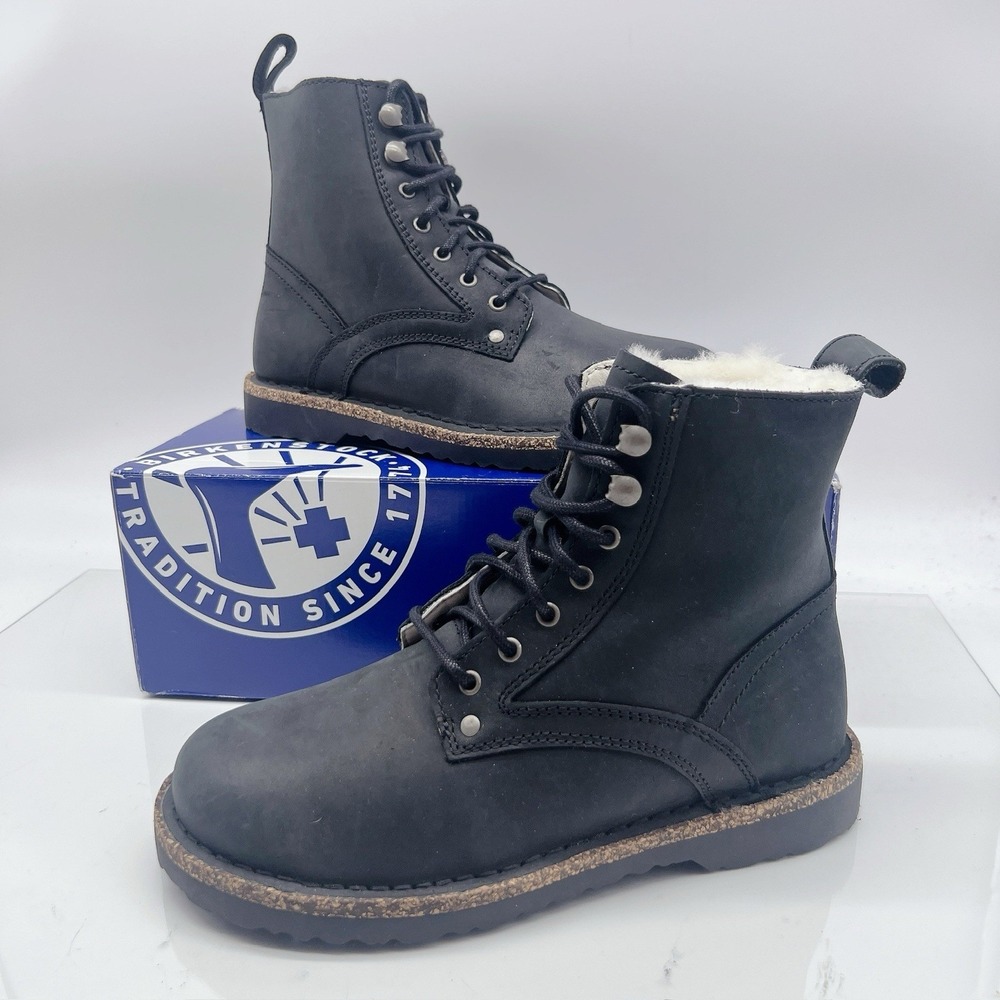 Birkenstock Bryson Shearling Waxy Leather Graphite Lace-Up Combat Boots EU 36